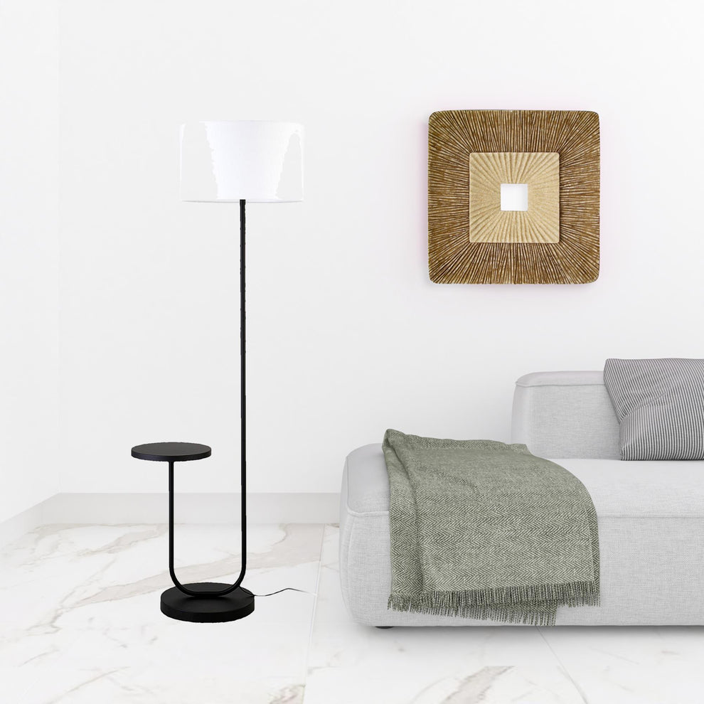 Black Tray Table Floor Lamp With White No Pattern Frosted Glass Drum Shade By Homeroots | Floor Lamps | Modishstore - 2