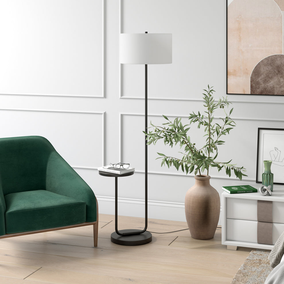 Black Tray Table Floor Lamp With White No Pattern Frosted Glass Drum Shade By Homeroots | Floor Lamps | Modishstore - 3