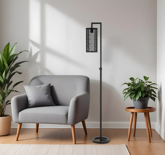 Black Floor Lamp With Black Mesh Metal Cylinder Shade By Homeroots | Floor Lamps | Modishstore - 1