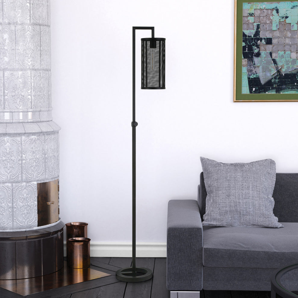 Black Floor Lamp With Black Mesh Metal Cylinder Shade By Homeroots | Floor Lamps | Modishstore - 4