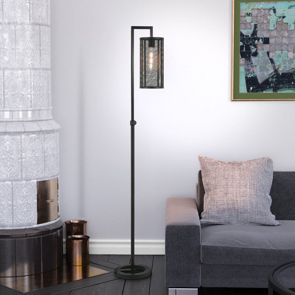 Black Floor Lamp With Black Mesh Metal Cylinder Shade By Homeroots | Floor Lamps | Modishstore - 5