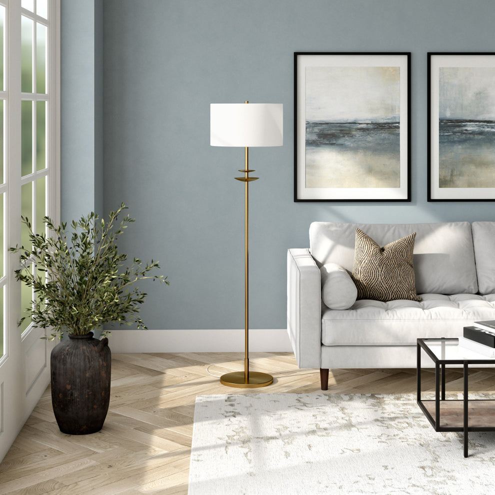 Brass Traditional Shaped Floor Lamp With White Frosted Glass Drum Shade By Homeroots | Floor Lamps | Modishstore - 3
