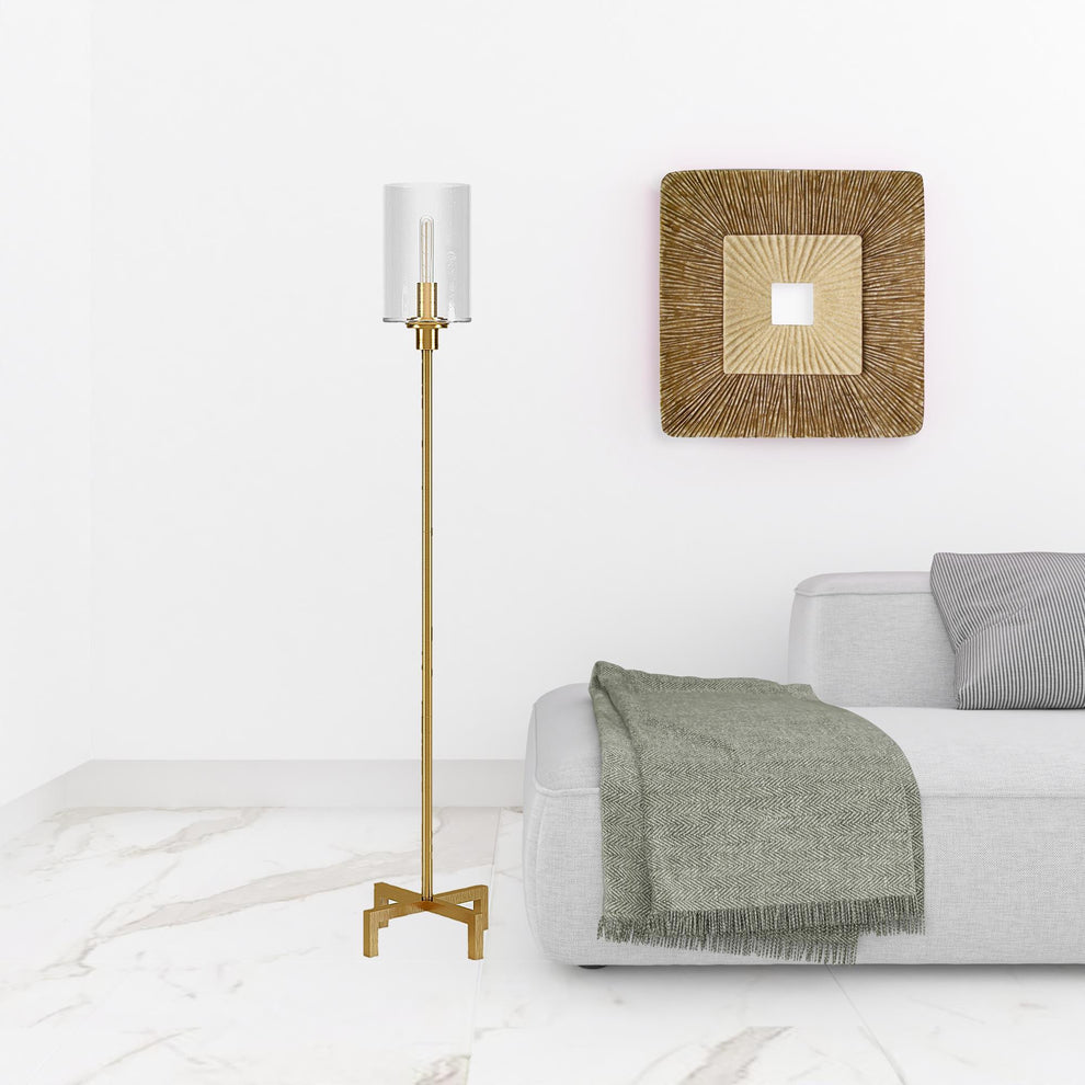 Brass Torchiere Floor Lamp With Clear Transparent Glass Drum Shade By Homeroots | Floor Lamps | Modishstore - 4