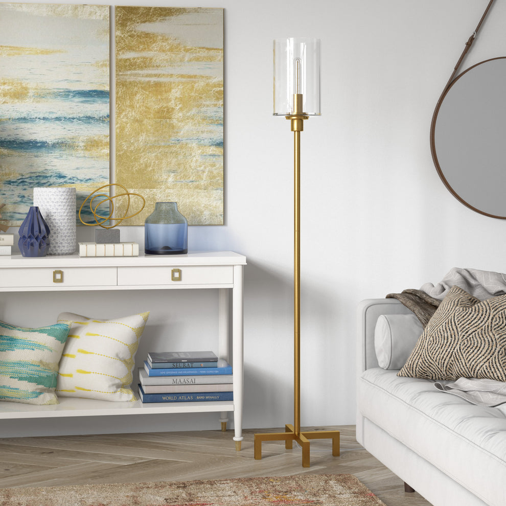 Brass Torchiere Floor Lamp With Clear Transparent Glass Drum Shade By Homeroots | Floor Lamps | Modishstore - 6
