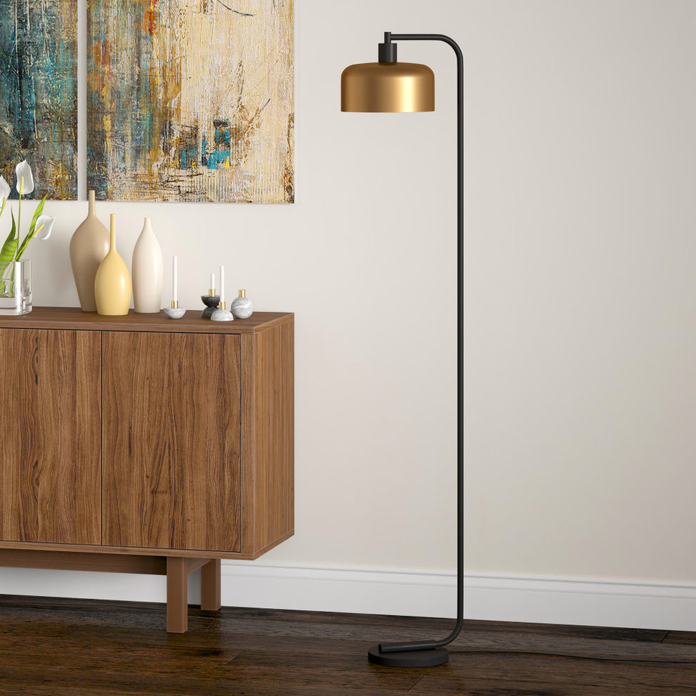 Black Arched Floor Lamp With Brass Bell Shade By Homeroots | Floor Lamps | Modishstore - 2