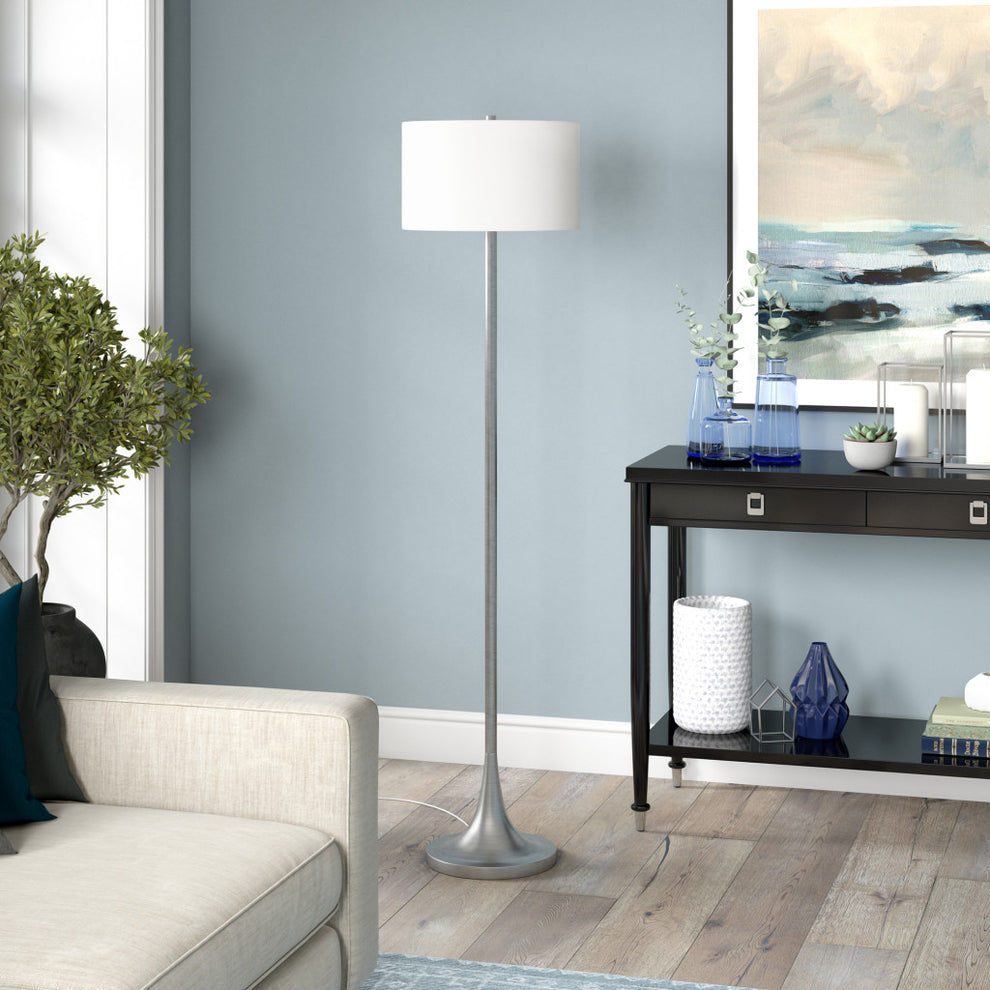 Nickel Floor Lamp With White Fabric Drum Shade By Homeroots | Floor Lamps | Modishstore - 5