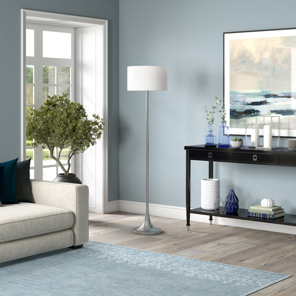 Nickel Floor Lamp With White Fabric Drum Shade By Homeroots | Floor Lamps | Modishstore - 4