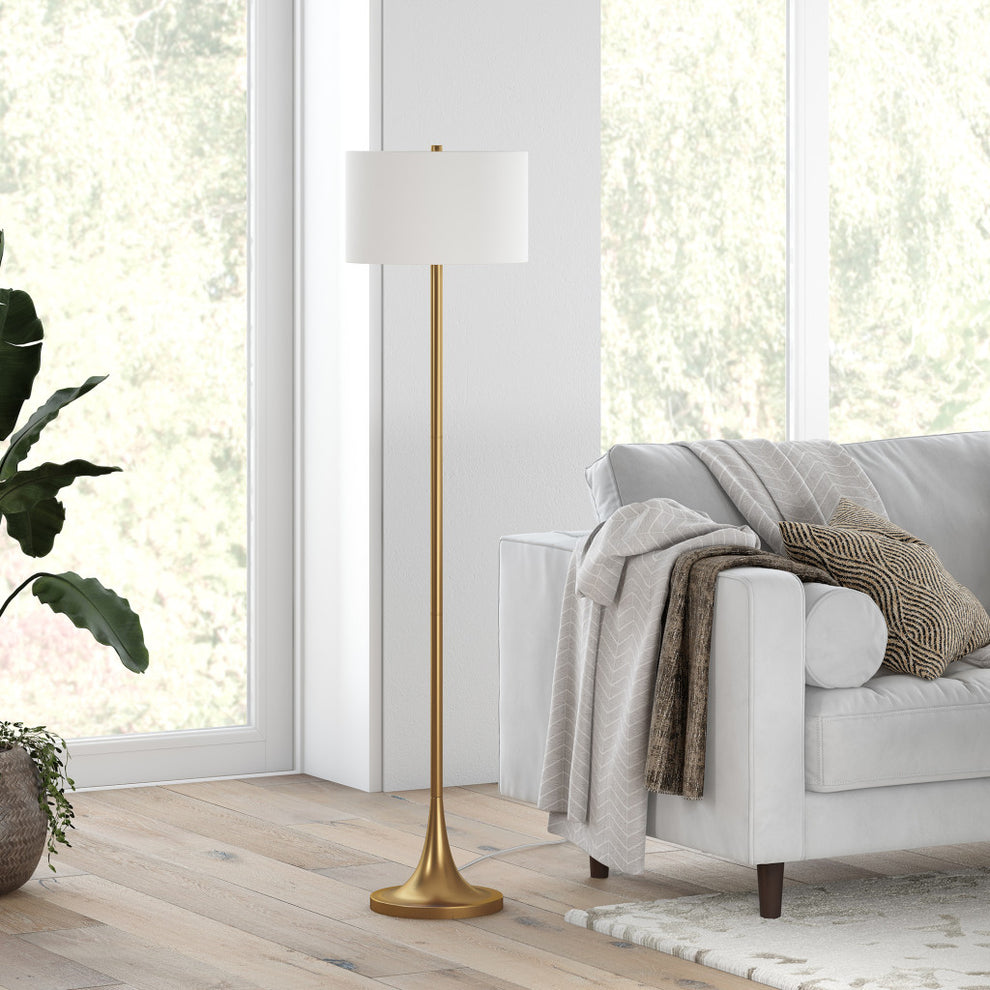 Brass Floor Lamp With White Fabric Drum Shade By Homeroots | Floor Lamps | Modishstore - 7