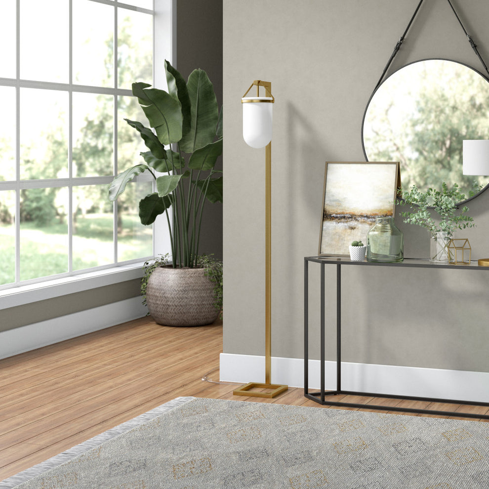Brass Arched Floor Lamp With White No Pattern Frosted Glass Dome Shade By Homeroots | Floor Lamps | Modishstore - 5