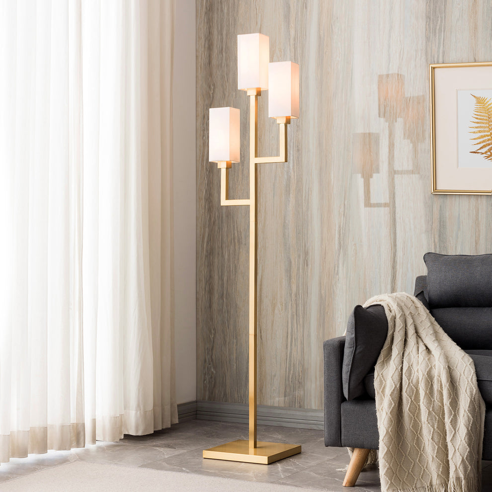 Brass Three Light Torchiere Floor Lamp With White Frosted Glass Rectangular Shade By Homeroots | Floor Lamps | Modishstore - 6