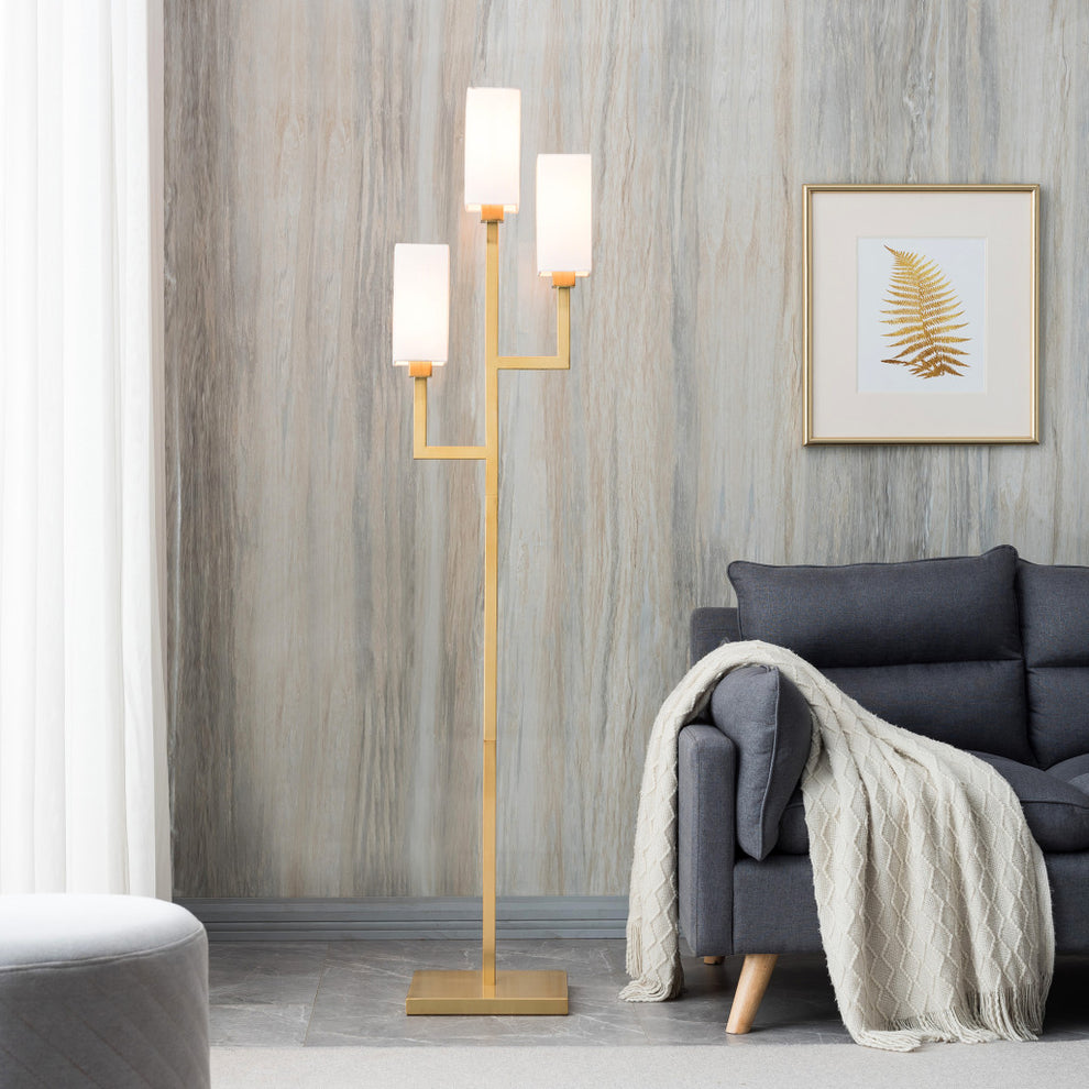 Brass Three Light Torchiere Floor Lamp With White Frosted Glass Rectangular Shade By Homeroots | Floor Lamps | Modishstore - 2