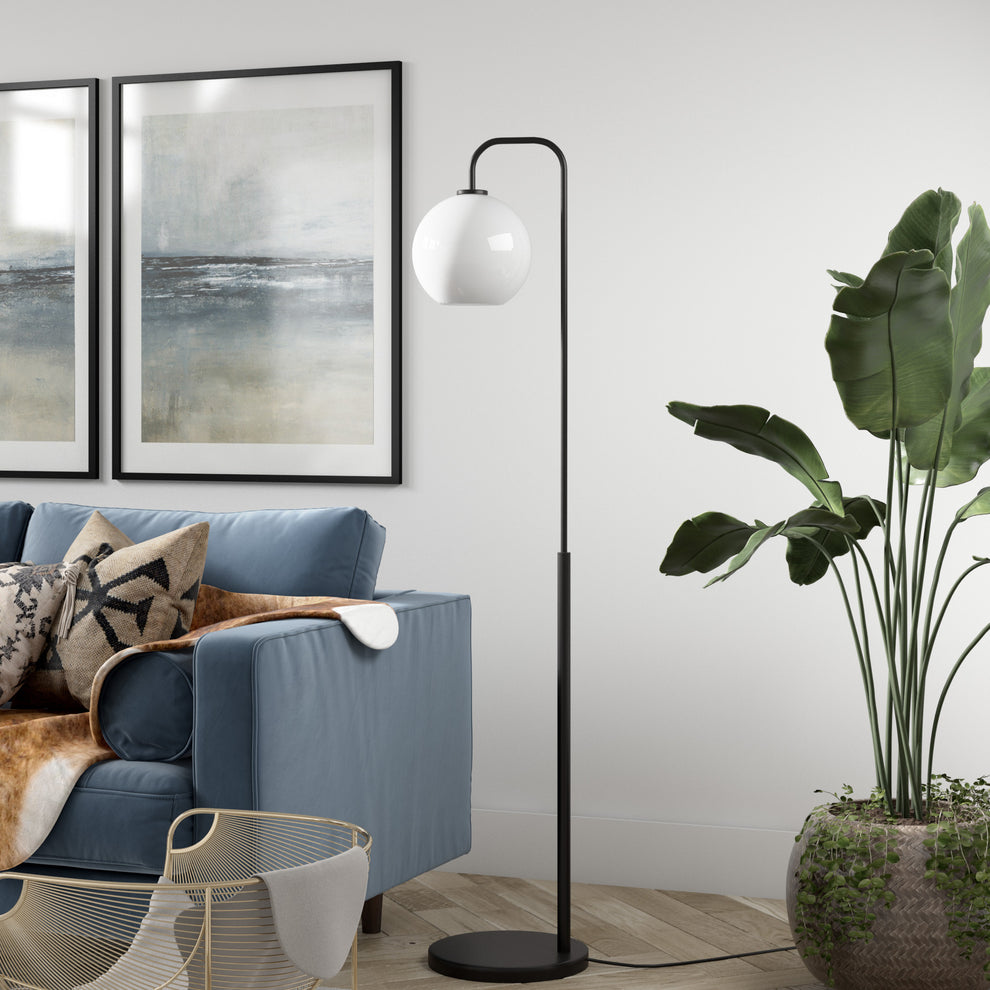 Black Arched Floor Lamp With White Frosted Glass Globe Shade By Homeroots | Floor Lamps | Modishstore - 5