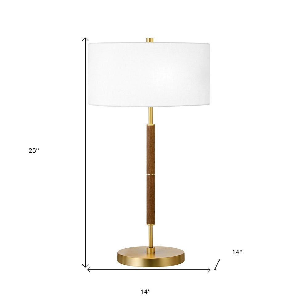 Gold and Oak Metal Two Light Table Lamp With White Drum Shade By Homeroots | Table Lamps | Modishstore - 8