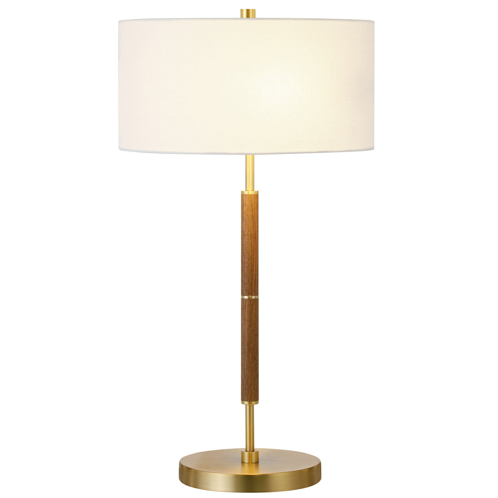 Gold and Oak Metal Two Light Table Lamp With White Drum Shade By Homeroots | Table Lamps | Modishstore - 3