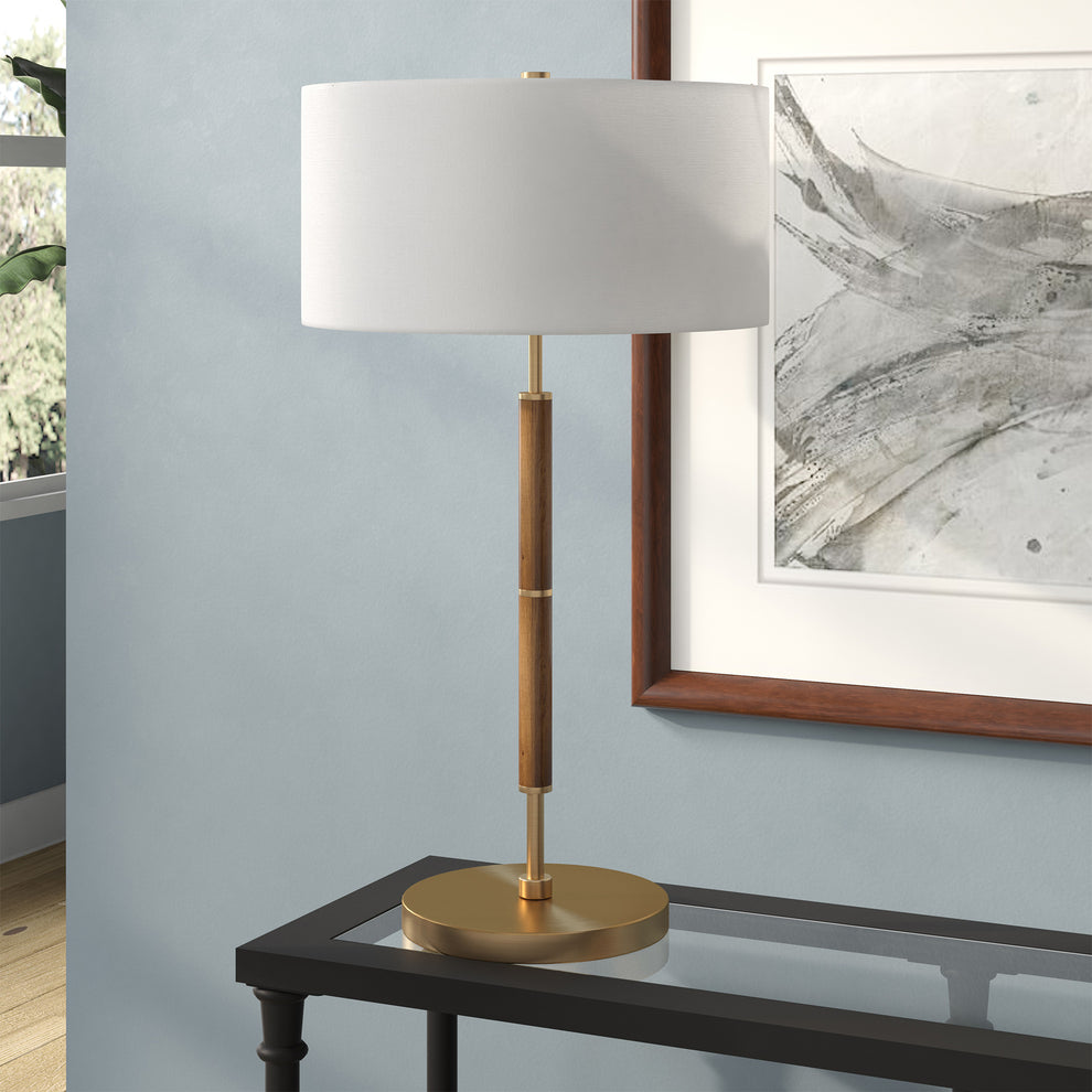 Gold and Oak Metal Two Light Table Lamp With White Drum Shade By Homeroots | Table Lamps | Modishstore - 6