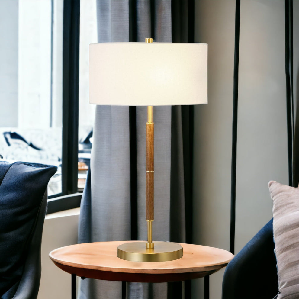 Gold and Oak Metal Two Light Table Lamp With White Drum Shade By Homeroots | Table Lamps | Modishstore - 2