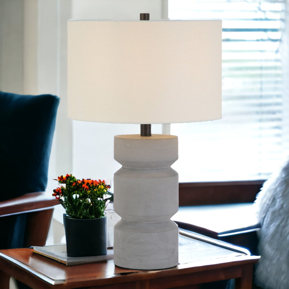 Gray Concrete Faceted Column Table Lamp With White Drum Shade By Homeroots | Table Lamps | Modishstore - 3