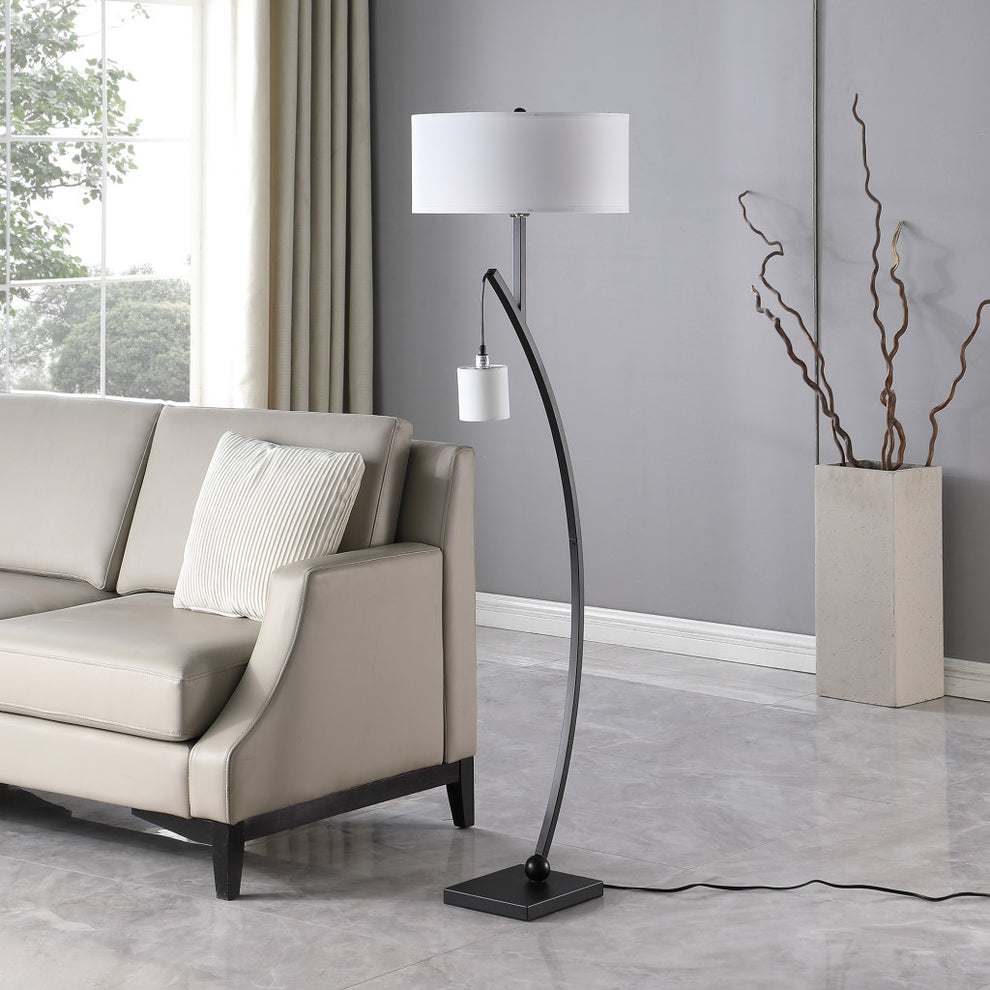 Matte Black Dual Arc Floor Lamp With White Drum Shade By Homeroots | Floor Lamps | Modishstore - 4