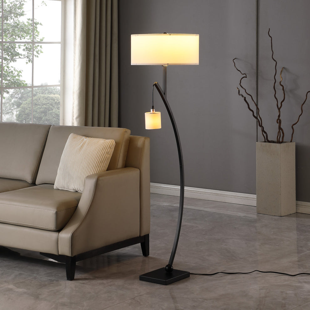 Matte Black Dual Arc Floor Lamp With White Drum Shade By Homeroots | Floor Lamps | Modishstore - 6