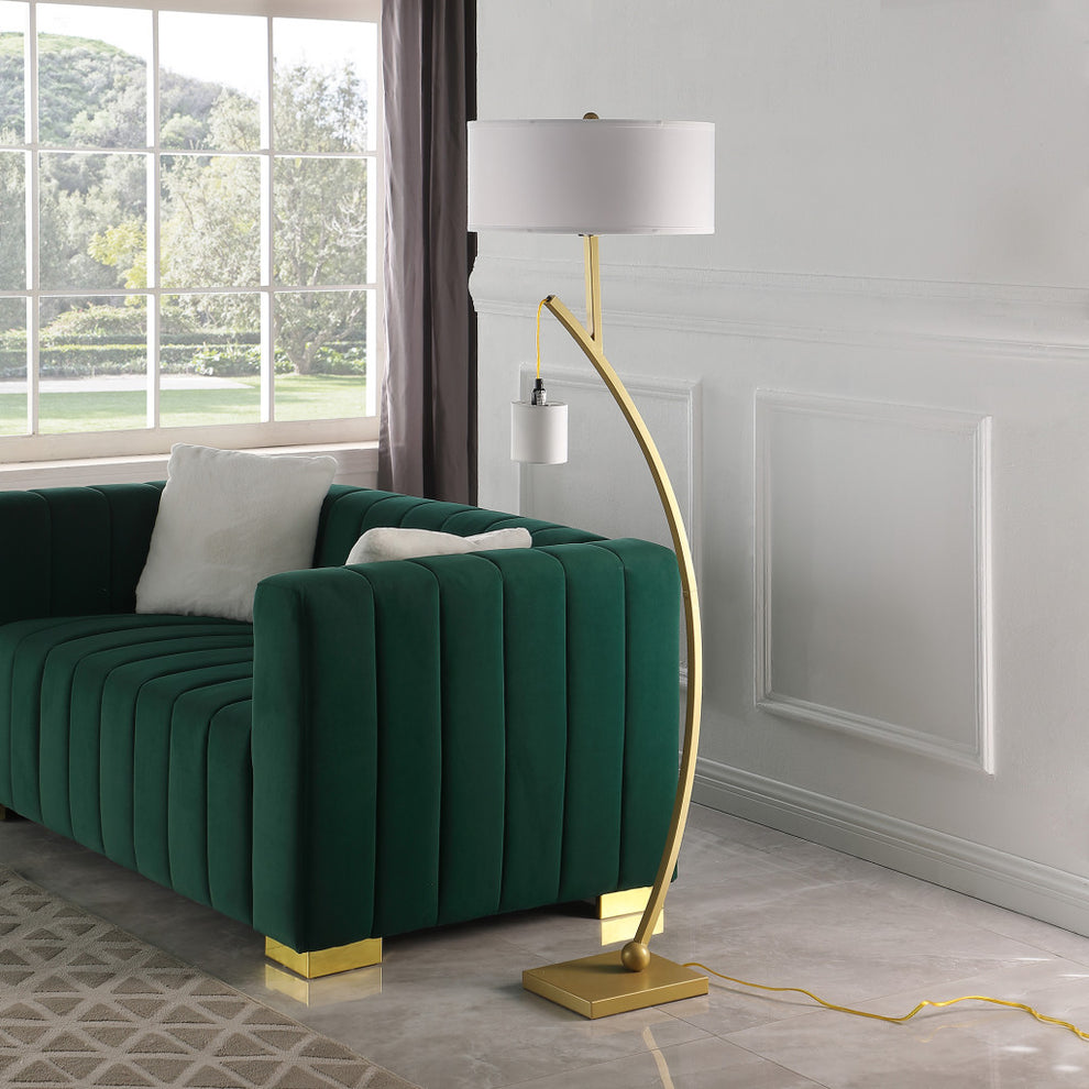 Gold And White Arc Floor Lamp With White Fabric Drum Shade By Homeroots | Floor Lamps | Modishstore - 4