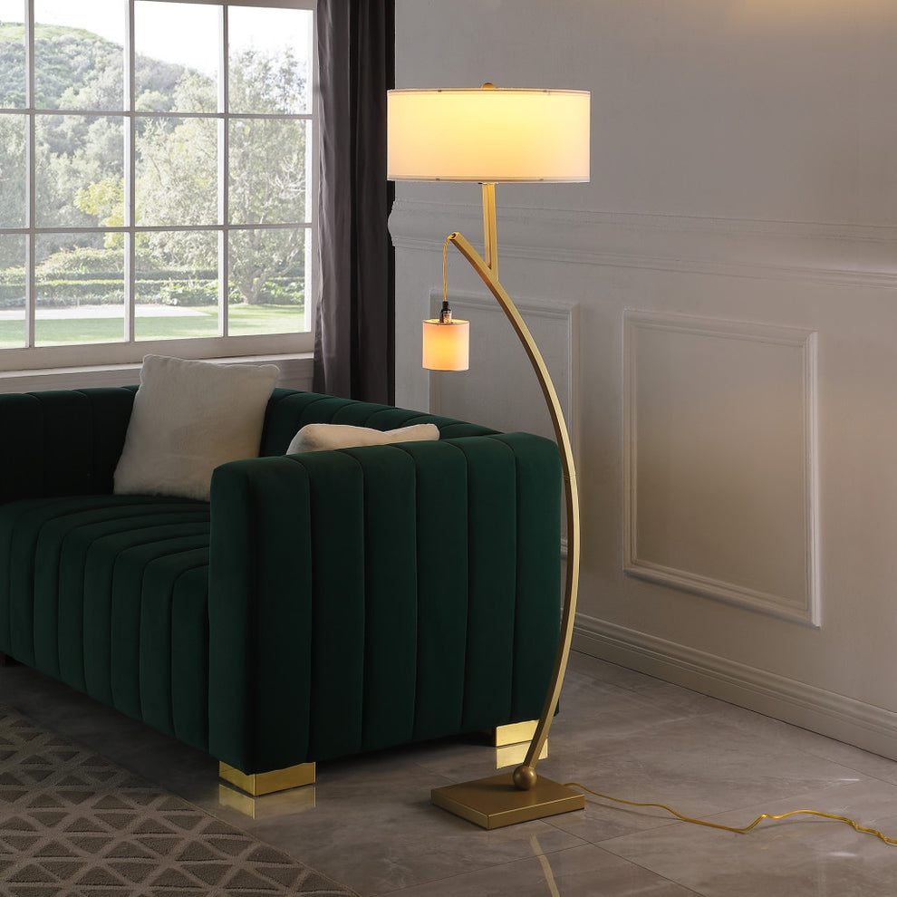 Gold And White Arc Floor Lamp With White Fabric Drum Shade By Homeroots | Floor Lamps | Modishstore - 5