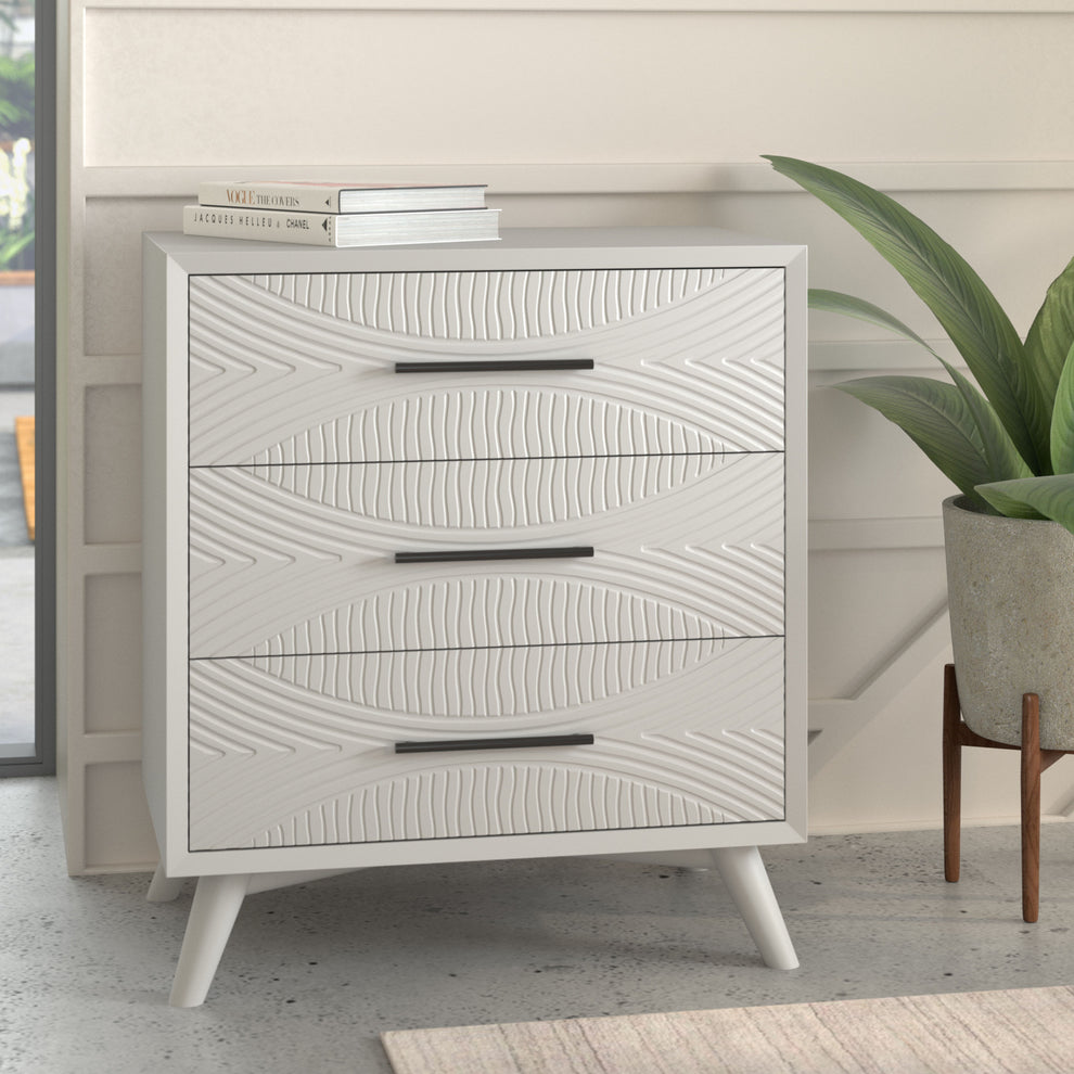 White Carved Geometric Solid Wood Three Drawer Dresser By Homeroots | Dressers | Modishstore - 4