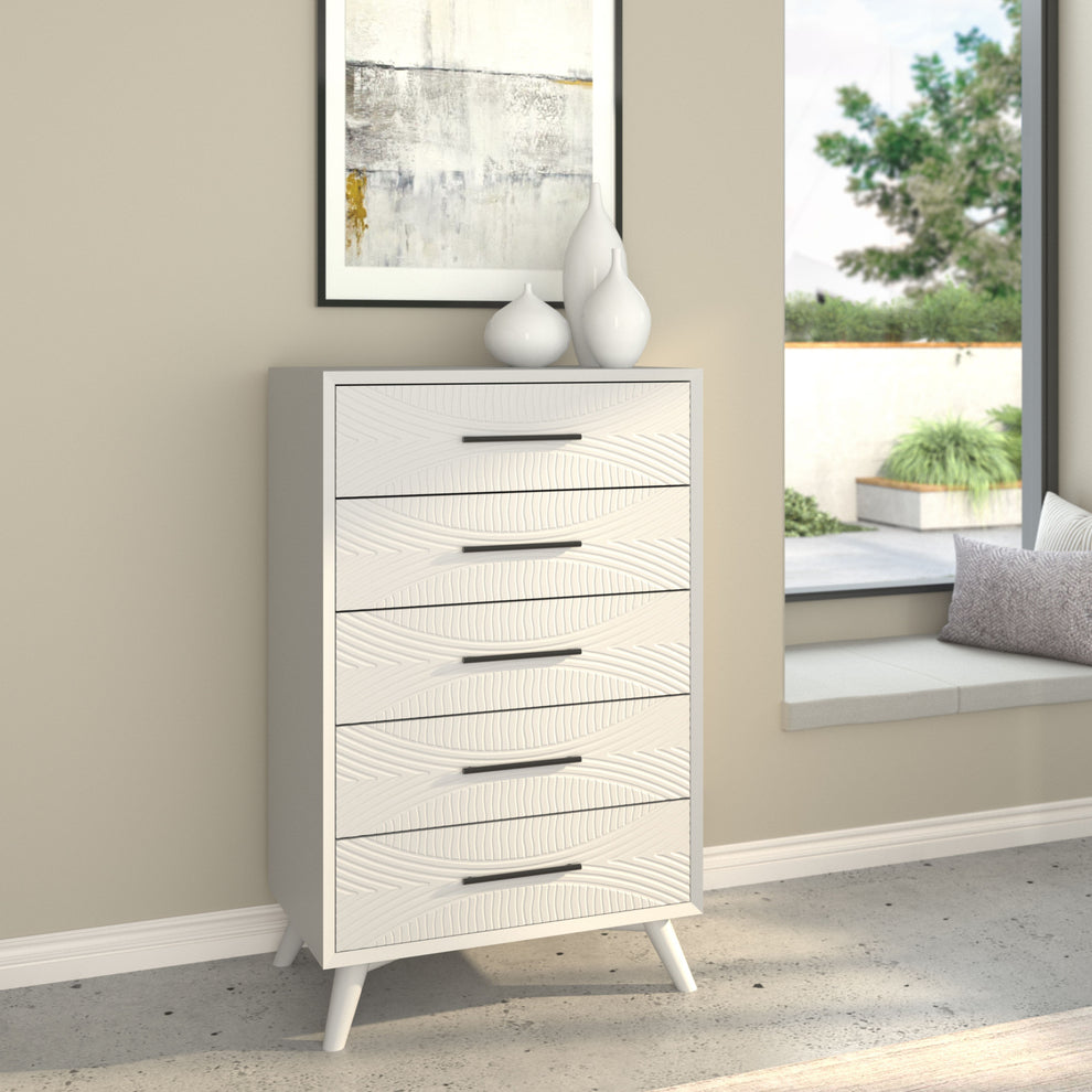 White Carved Geometric Solid Wood Five Drawer Dresser By Homeroots | Dressers | Modishstore - 5