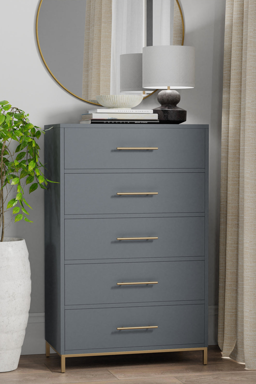 Gray Solid Wood Five Drawer Dresser By Homeroots | Dressers | Modishstore - 6