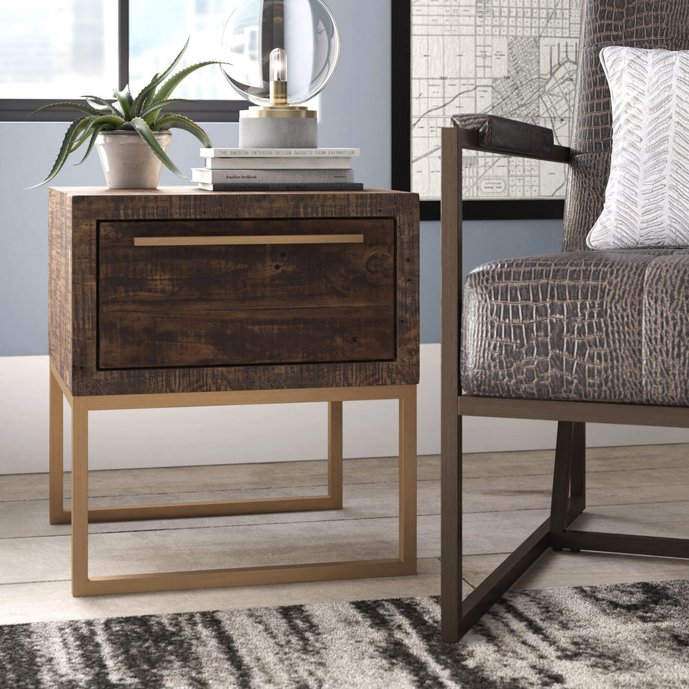 Antiqued Brass And Brown Reclaimed Wood End Table With Drawer By Homeroots | End Tables | Modishstore - 5