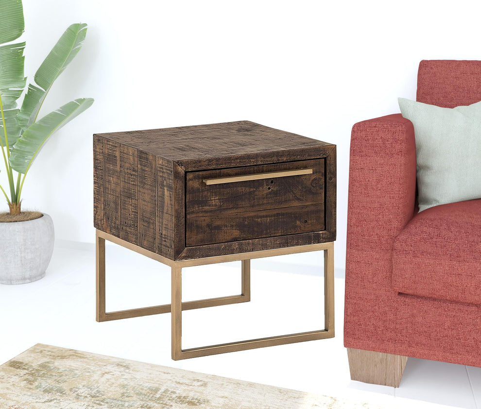 Antiqued Brass And Brown Reclaimed Wood End Table With Drawer By Homeroots | End Tables | Modishstore - 4