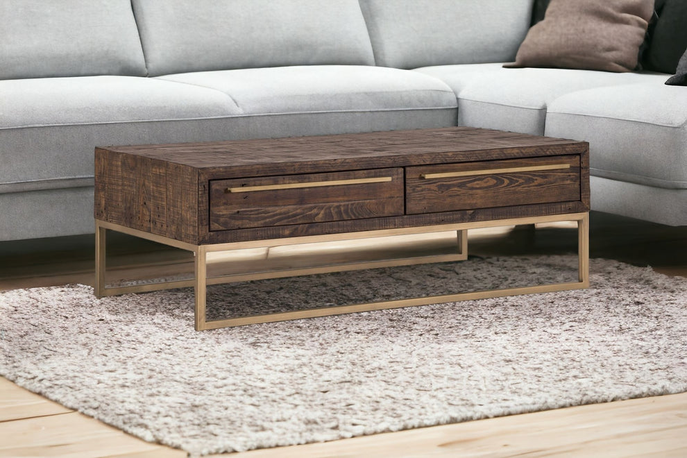Dark Brown And Gold Metal Coffee Table With Drawer By Homeroots | Coffee Tables | Modishstore - 2