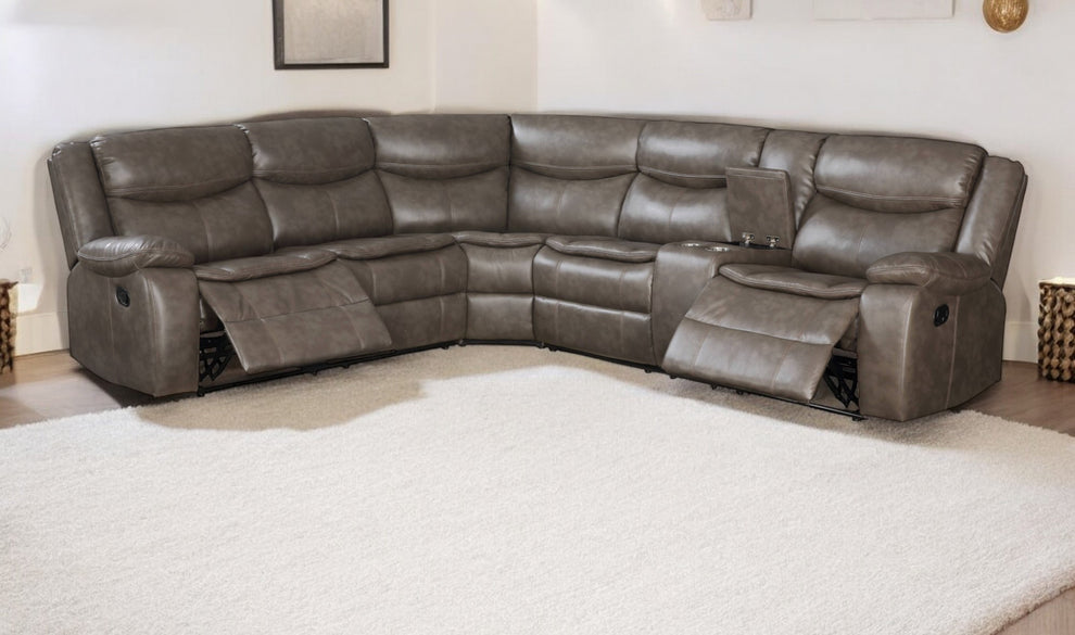 Taupe Faux Leather Reclining L Shaped Six Piece Corner Sectional With Console By Homeroots | Outdoor Sofas, Loveseats & Sectionals | Modishstore - 4