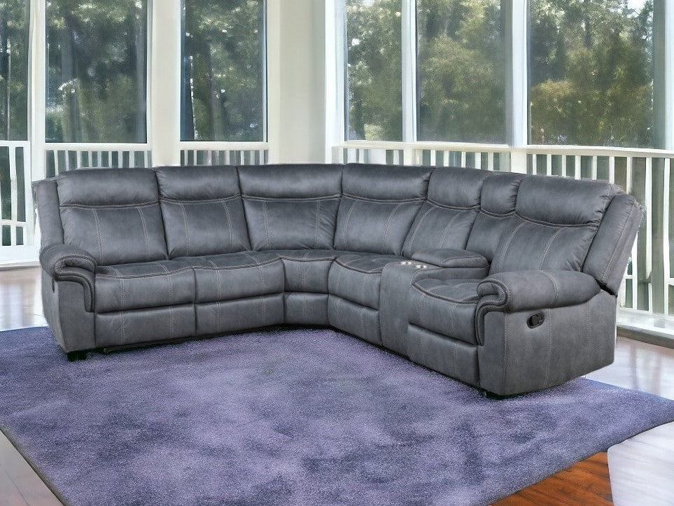 Gray Velvet Reclining L Shaped Six Piece Corner Sectional With Console By Homeroots | Outdoor Sofas, Loveseats & Sectionals | Modishstore - 4