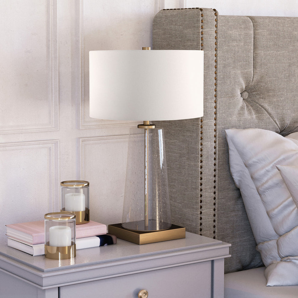 Brass and Clear Metal and Glass Table Lamp With White Drum Shade By Homeroots | Table Lamps | Modishstore - 3