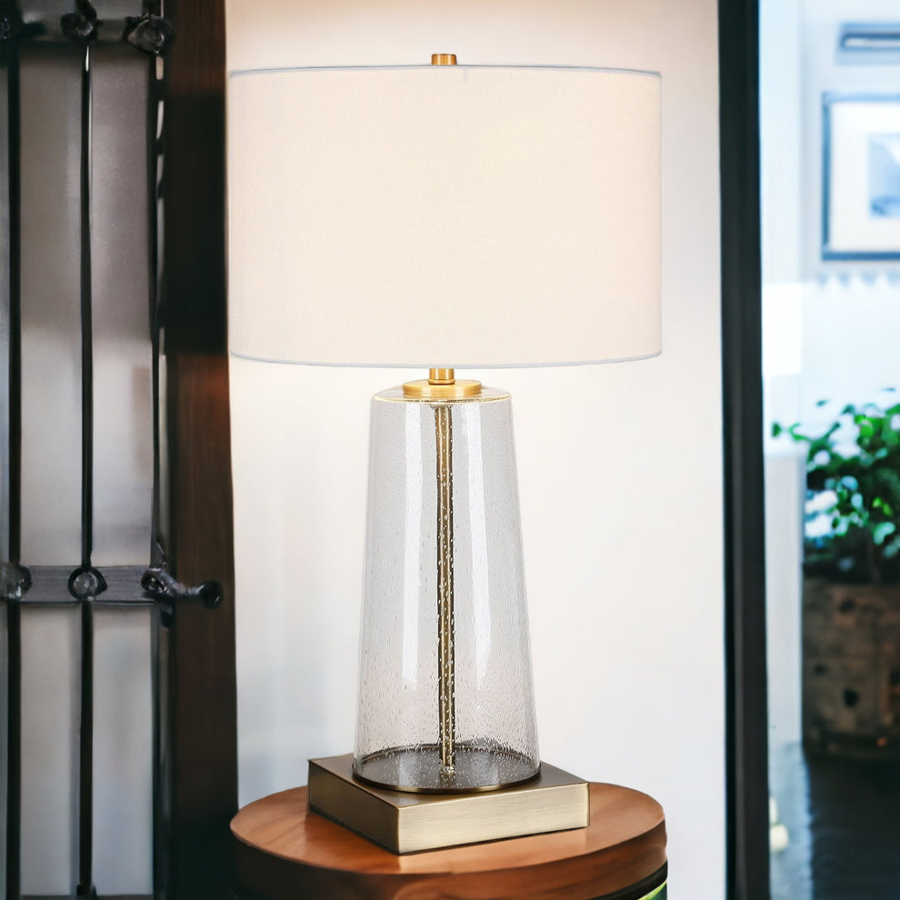 Brass and Clear Metal and Glass Table Lamp With White Drum Shade By Homeroots | Table Lamps | Modishstore - 7