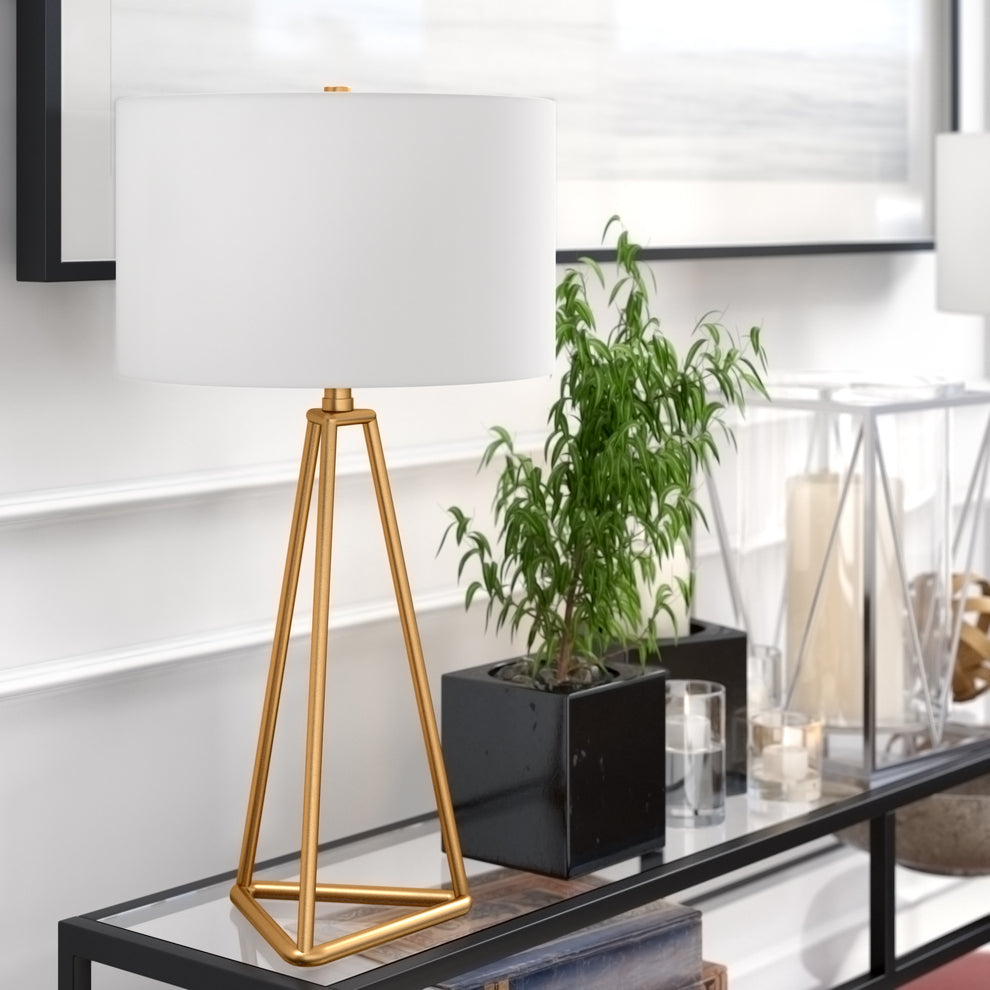Gold Metal Table Lamp With White Drum Shade By Homeroots | Table Lamps | Modishstore - 3