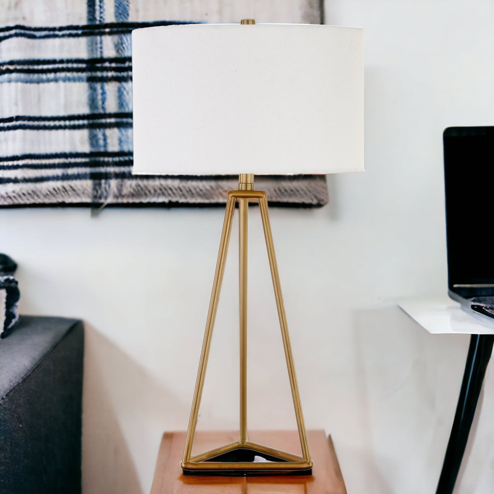 Gold Metal Table Lamp With White Drum Shade By Homeroots | Table Lamps | Modishstore - 2