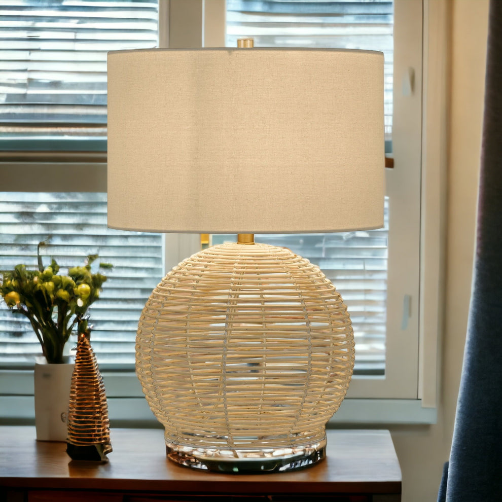 Natural Rattan Table Lamp With White Drum Shade By Homeroots | Table Lamps | Modishstore - 3