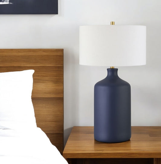 Navy Blue Ceramic Table Lamp With White Drum Shade By Homeroots | Table Lamps | Modishstore - 1