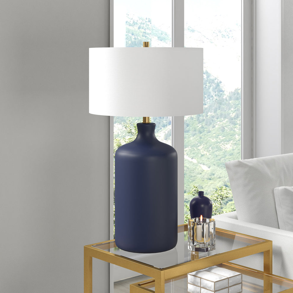 Navy Blue Ceramic Table Lamp With White Drum Shade By Homeroots | Table Lamps | Modishstore - 4