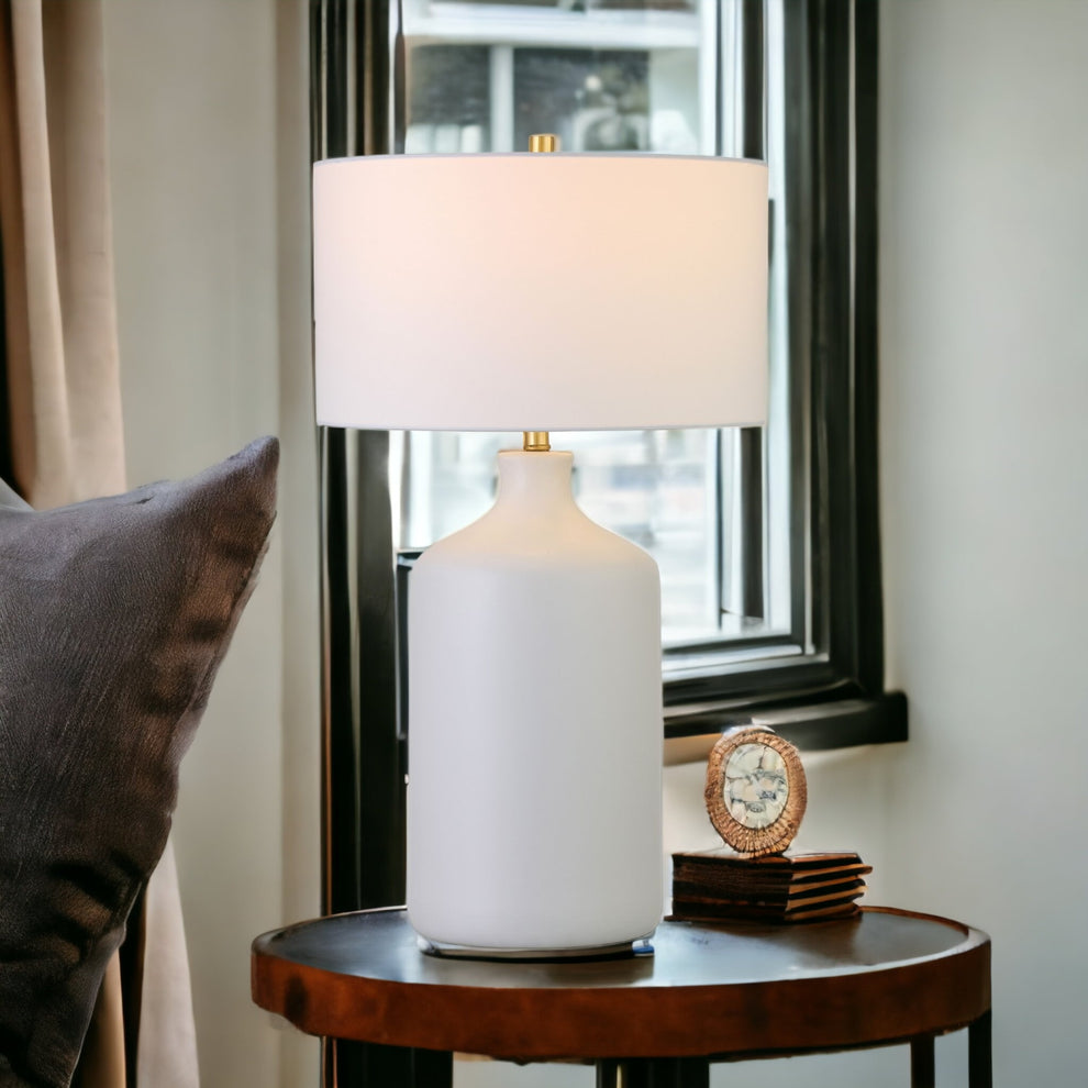 White Ceramic Table Lamp With White Drum Shade By Homeroots | Table Lamps | Modishstore - 2