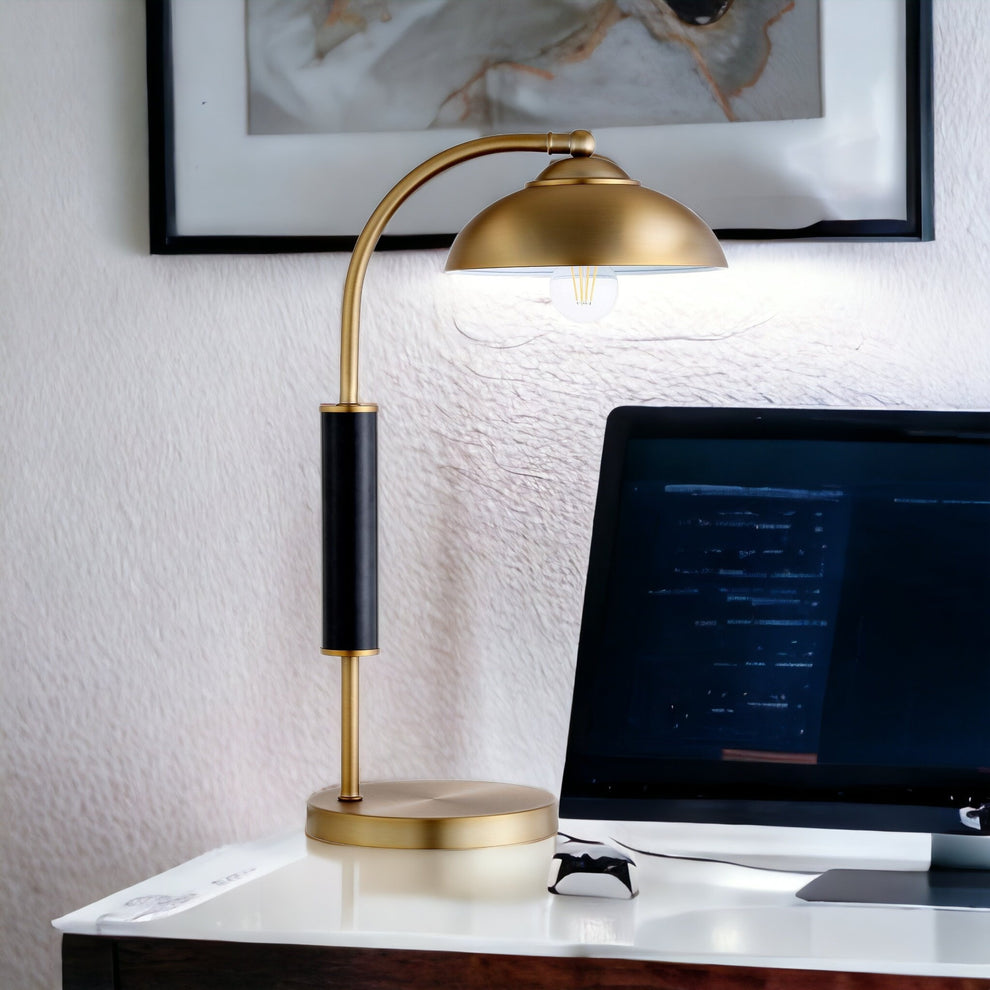 Gold and Black Metal Desk Table Lamp With Gold Dome Shade By Homeroots | Table Lamps | Modishstore - 3