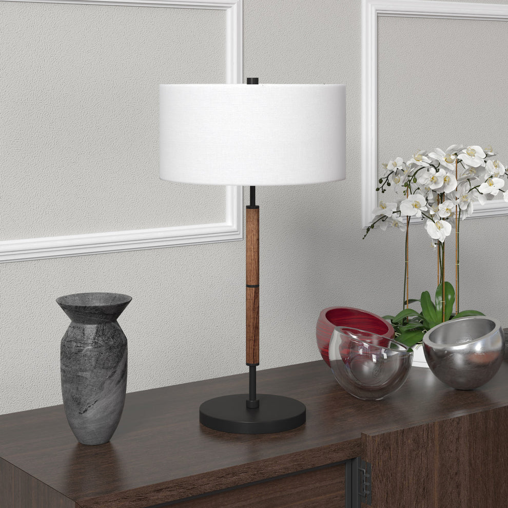 Brown and Black Metal Two Light Table Lamp With White Drum Shade By Homeroots | Table Lamps | Modishstore - 3