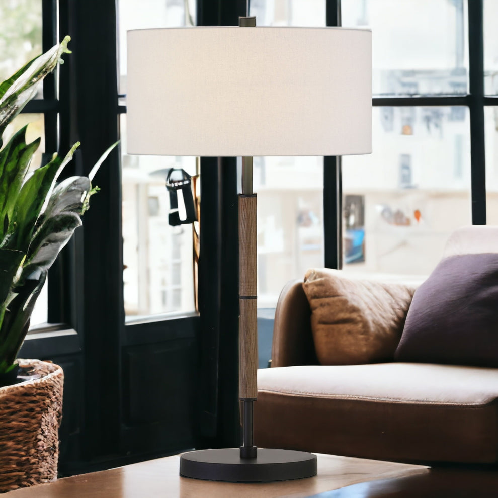 Brown and Black Metal Two Light Table Lamp With White Drum Shade By Homeroots | Table Lamps | Modishstore - 2