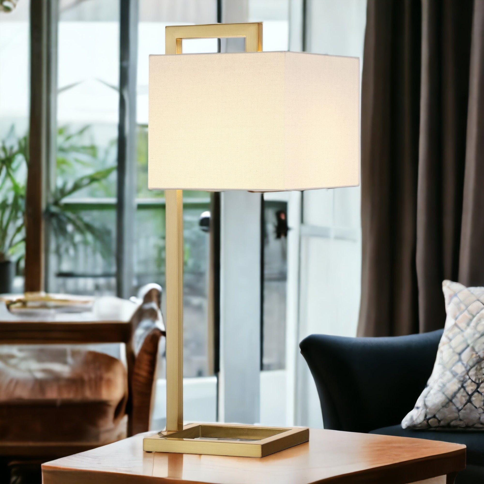 Gold Metal Arched Table Lamp With White Square Shade - Thumbnail 4