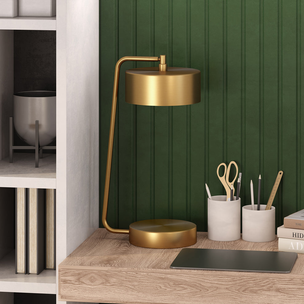 Brass Metal Desk Table Lamp With Brass Drum Shade By Homeroots | Table Lamps | Modishstore - 5