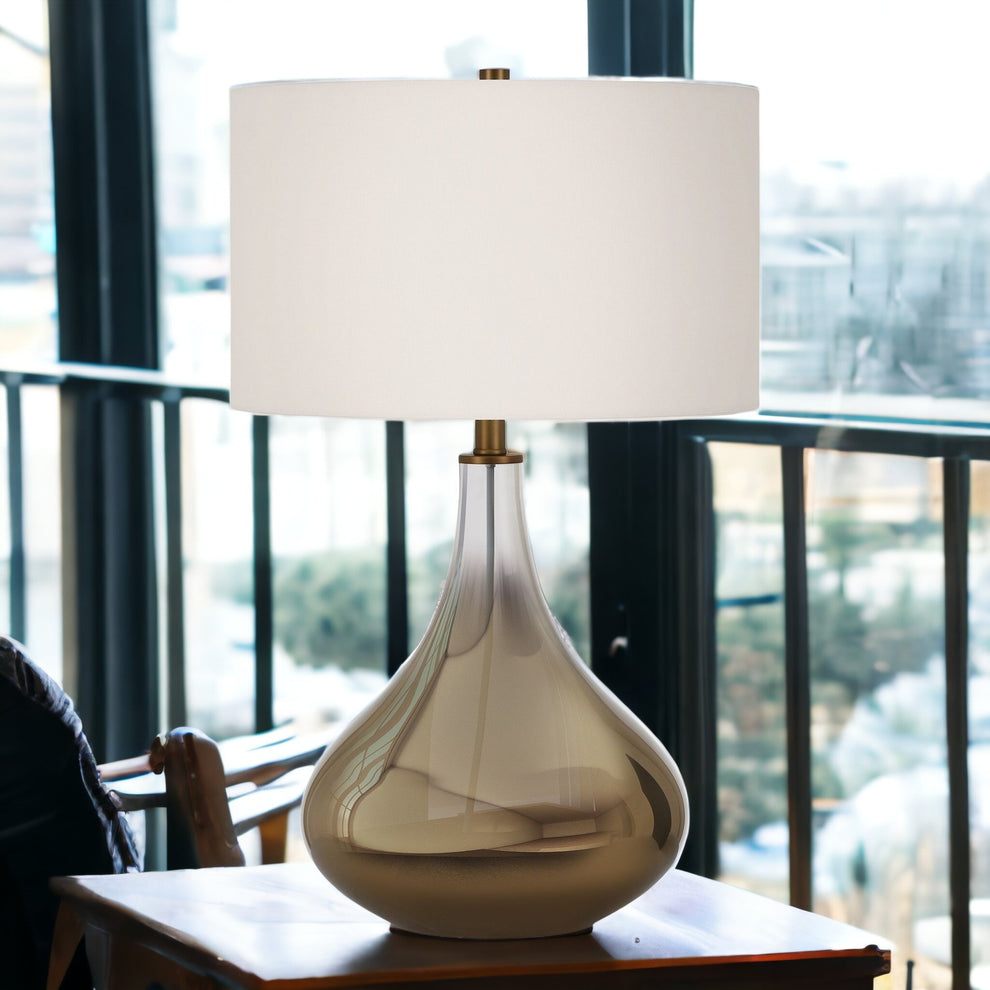 Brass Glass Gourd Table Lamp With White Drum Shade By Homeroots | Table Lamps | Modishstore - 3