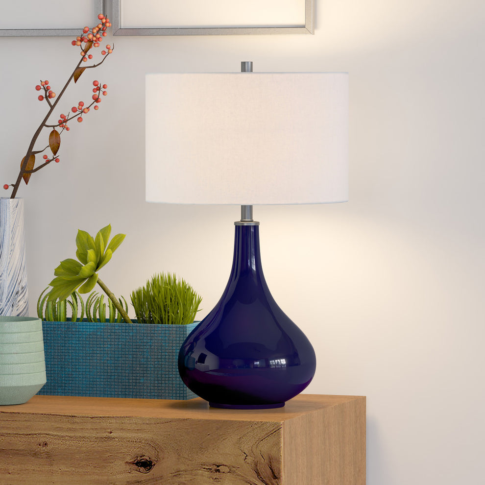 Navy Blue Glass Gourd Table Lamp With White Drum Shade By Homeroots | Table Lamps | Modishstore - 5