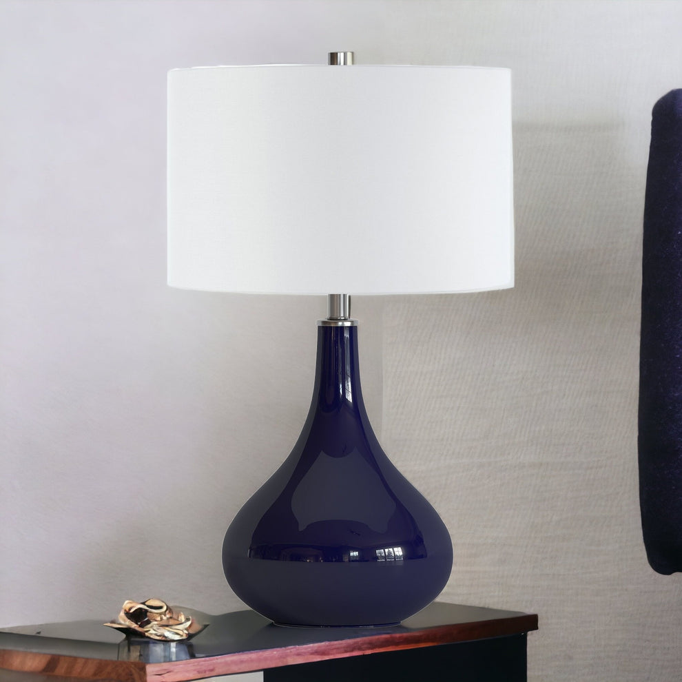 Navy Blue Glass Gourd Table Lamp With White Drum Shade By Homeroots | Table Lamps | Modishstore - 3