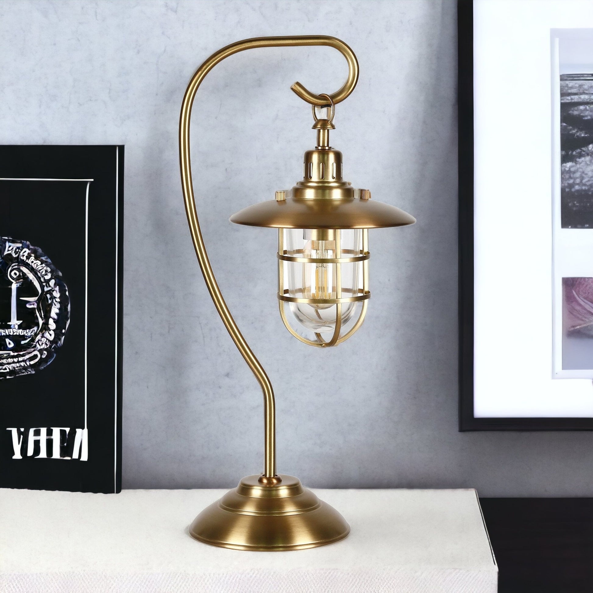 Antiqued Brass Metal Arched Table Lamp With Brass Cage Shade By Homeroots | Table Lamps | Modishstore - 3